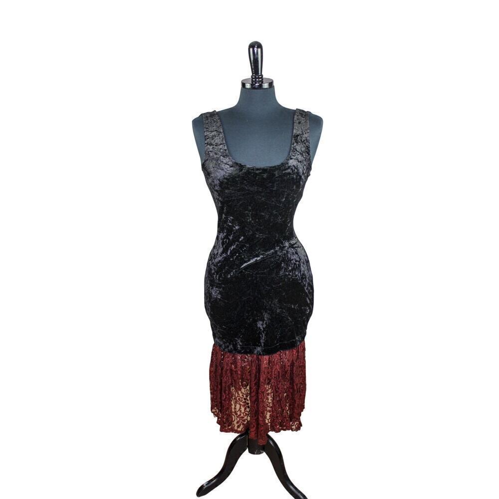 Vintage All That Jazz Black Dress Bodycon Black Velvet Burgundy Lace M